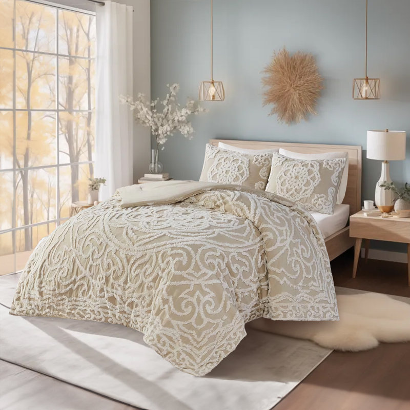 Viola Taupe Full/Queen Cotton Chenille Damask Duvet Set