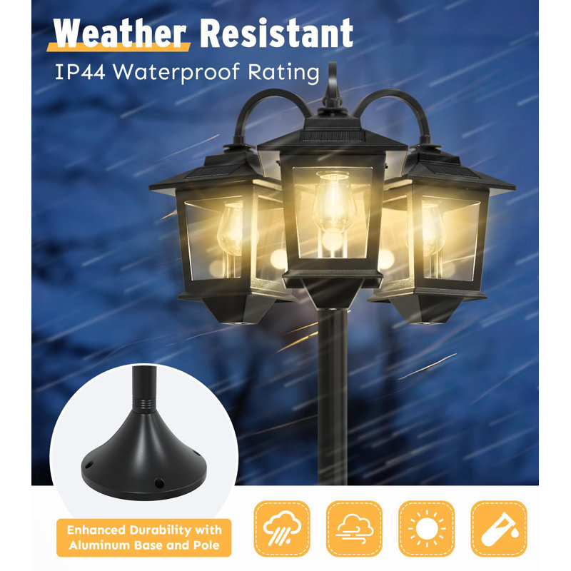 3-Head Aluminum Solar Lamp Post Light With Dusk-To-Dawn Sensor
