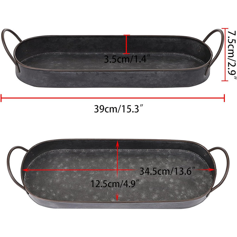 Plateau de service industriel en métal galvanisé 15,3 po x 4,9 po - Organisateur de finition rouille patiné avec poignées robustes