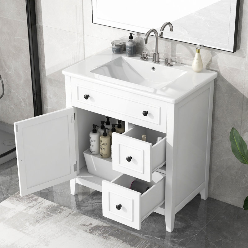 Meuble-lavabo avec lavabo, meuble-lavabo avec porte et deux tiroirs, structure en bois massif