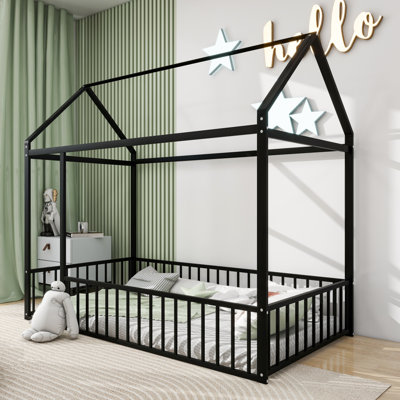 Twin Size Metal Bed House Bed Frame With Fence, For Kids, Teens, Girls, Boys, Black