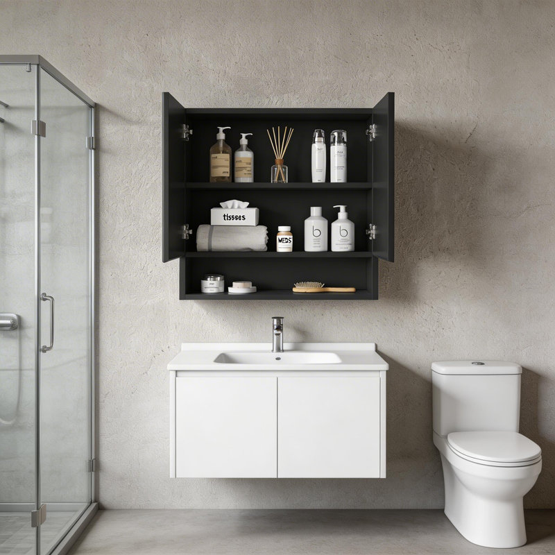 Armoire de salle de bain murale rayée 26 "avec porte, tablette et compartiment ouvert 26", Noir