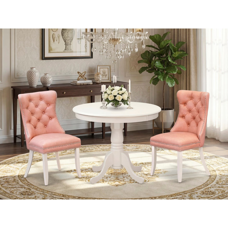 3 Piece Dinette Set Consists of a Round Kitchen Table with Pedestal and 2 Upholstered Parson Chairs, linen white, Pink/White