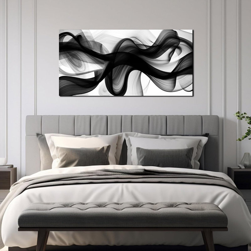 Grande œuvre d'art abstraite sur toile noire et blanche encadrée pour salon