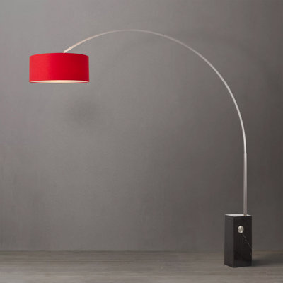 Iconic 95"H 1-Light Arc Lamp, Mid-Century Modern, Satin Nickel Steel, Crimson Red Linen Shade, Black Marble Base, Dimmable, Smart Home Compatible
