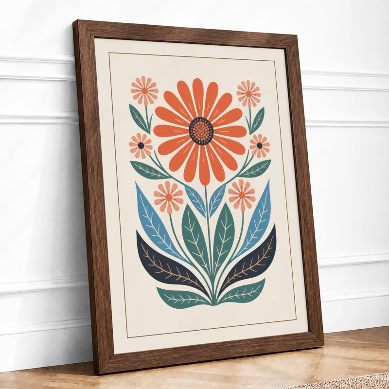 Symmetrical Daisy Folk Botanical - Framed Print, A3 - 42.0 x 29.7 cm, Walnut