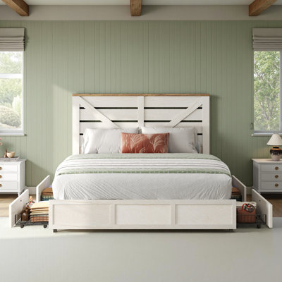 Oceant Farmhouse Queen Size Bed Frame with 4 Drawers, White