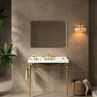 Meuble-lavabo de 36 po, céramique avec 3 trous de robinet pré-percés, pieds robustes en acier inoxydable et barre à serviettes, ornements en or disponibles, coloris doré