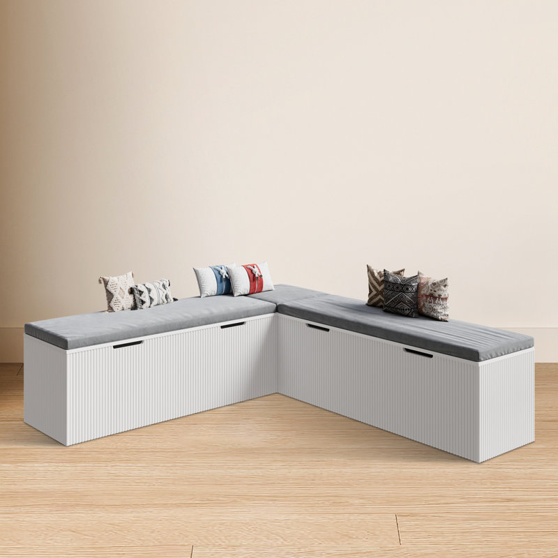 L-shape Storage Bench With Cushioned Seating, For Dining Room, Kitchen, Entryway, White