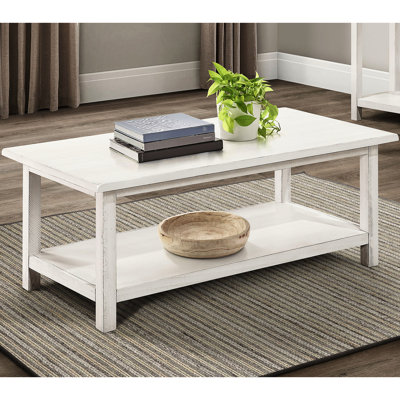 Rectangular Distressed White Wood Coffee Table, Shelf For Convenient Storage Of Snacks Essentials