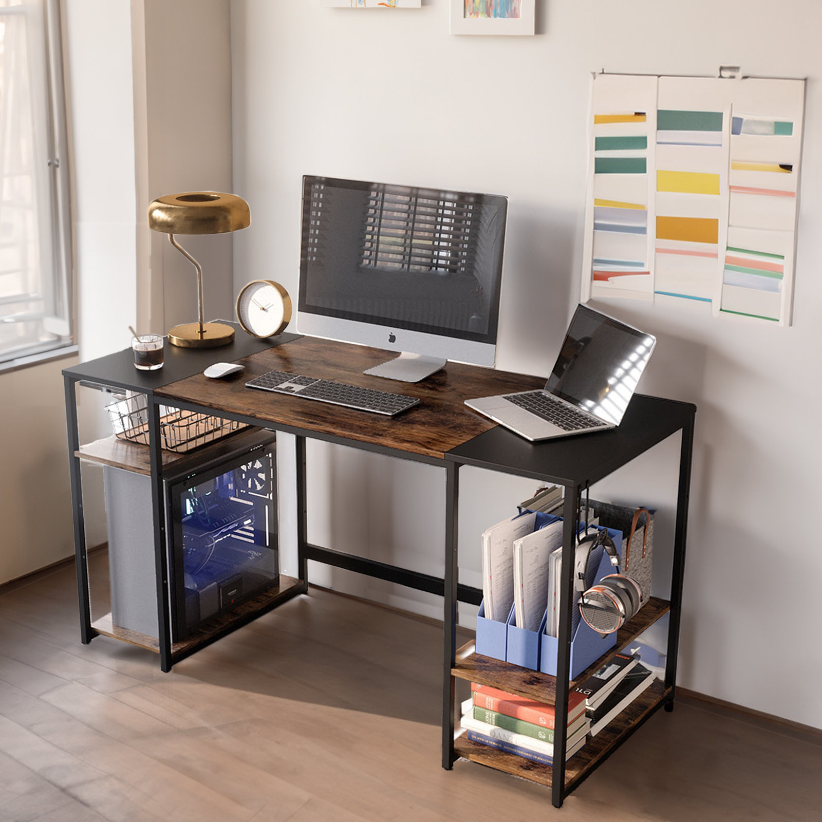 Sarahlouise Computer Desk with Power Outlet & Storage Shelves, PC Desk Workstation for Home Office 17 Stories Color (Top/Frame): Brown/Black, Size: 47