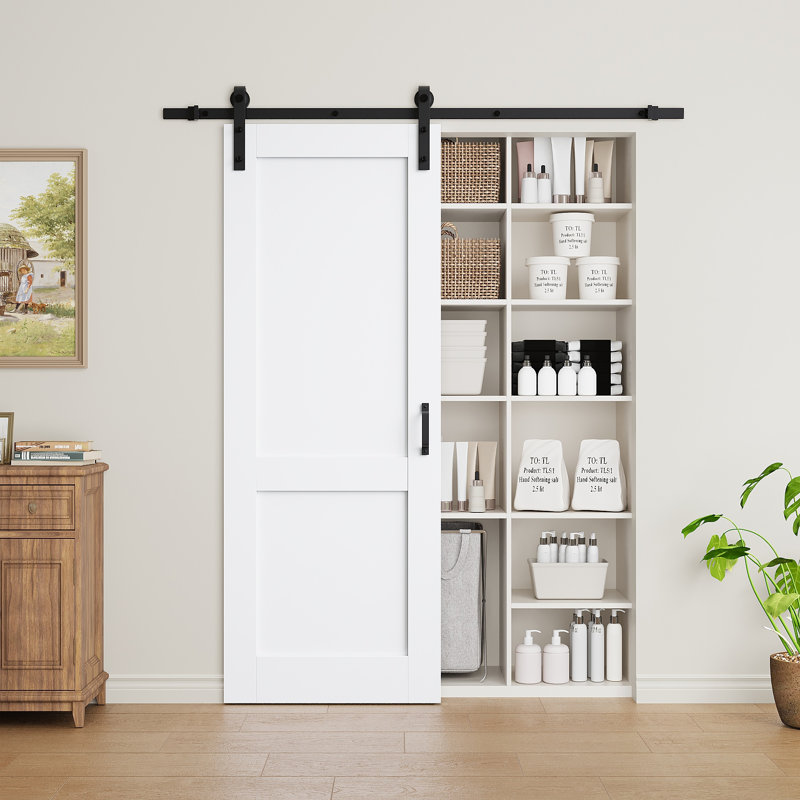 Panneau de porte entièrement assemblé, porte de grange coulissante, apprêt blanc, portes de placard en bois manufacturé massif avec trousse de quincaillerie d'installation (fermeture en douceur incluse)