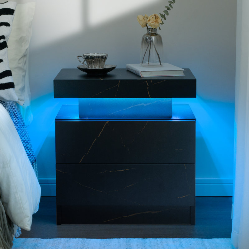 LED Nightstand with 2 Drawers, Black Marble