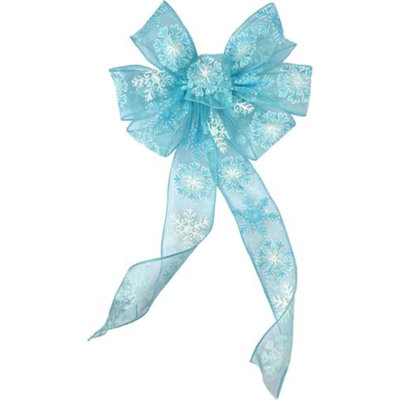 Sheer Snowflakes Christmas Wreath Bow - 10" Wide, 18" Long Pre-Tied Bow, Light Blue Glitter Snowflakes, Sheer Ribbon, Gift Basket, Swag, Garland, Winter Decoration, Front Door Décor