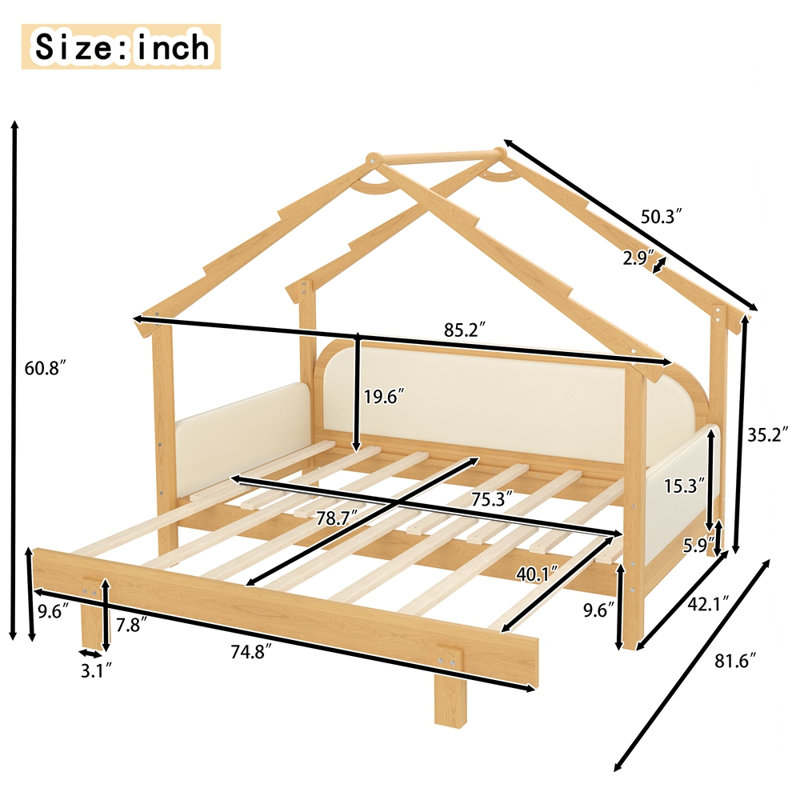 Twin Size Wood Treehouse bed with Soft Cushion Rails,for Kids, Teens, Girls, Boys, White