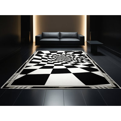 Tapis damier art déco lavable à la machine vert - noir