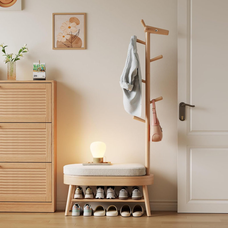 Solid Wood Entryway Shoe Bench with Adjustable Coat Rack & Cushioned Seat., Tan, 35.43"D x 8.66"W x 17.32"H