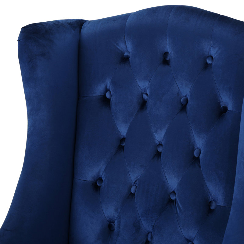 Fauteuil club en velours à haut dossier, fauteuil à oreilles rembourré, bleu marine