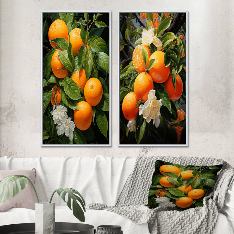 «Tangerine Tango Bouquet», 2 pièces sur toile, Cadre blanc, H 32 po x l 32 po