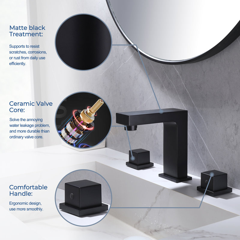 6.1" Brass Knob Switch Bathroom Faucet, Widespread Bathroom Faucet for Sink 3 Hole, Matte Black