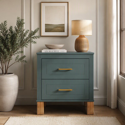 Table de chevet 2 tiroirs, rangement en bois de qualité supérieure avec un élégant design cannelé, pieds en bois massif et poignées en métal pour la chambre à coucher et le salon