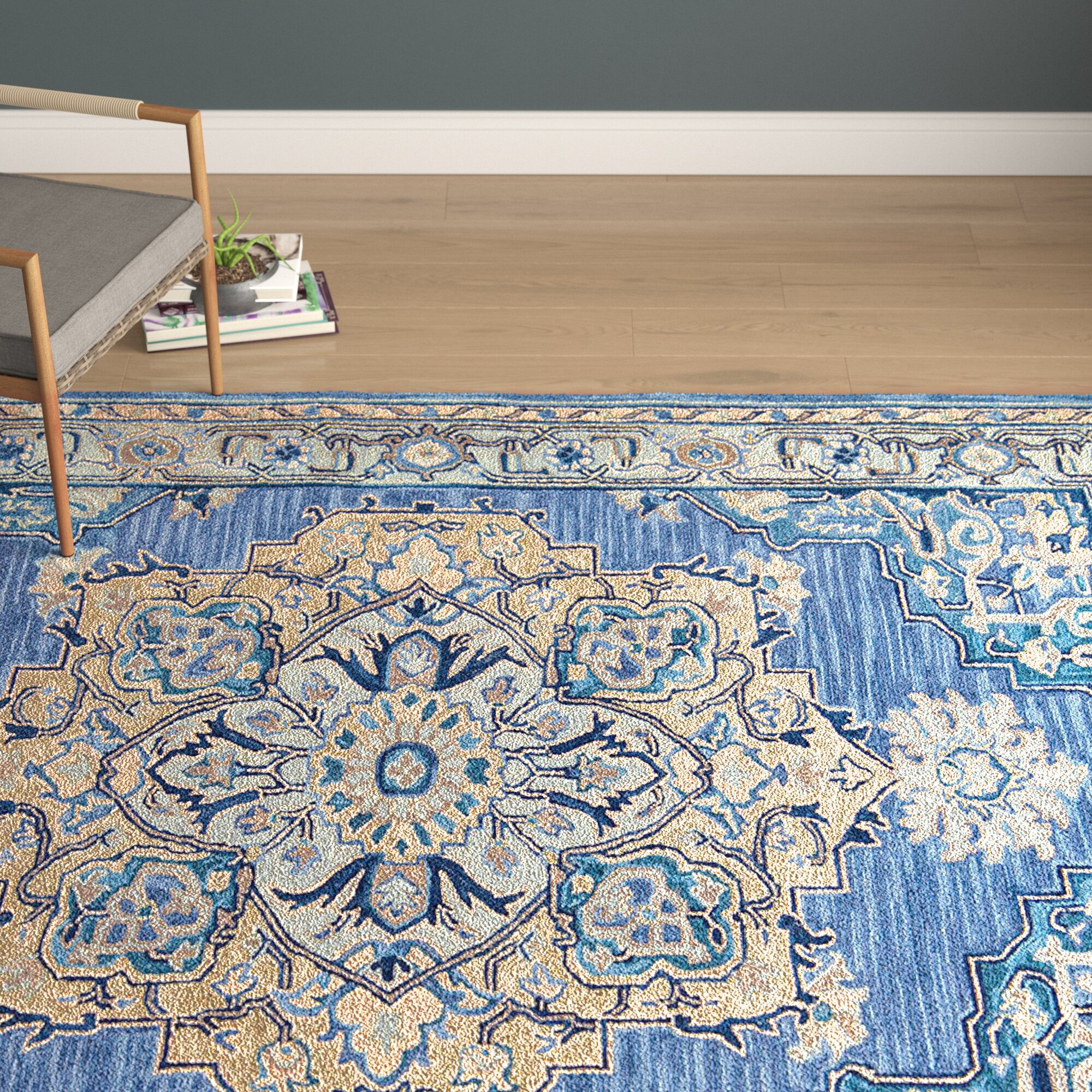 World Menagerie Lancaster Oriental Handmade Tufted Wool Denim Area Rug