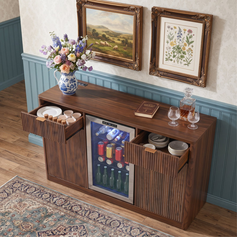 Armoire-bar 59 pouces avec mini-réfrigérateur et armoire encombrante, Noyer brun