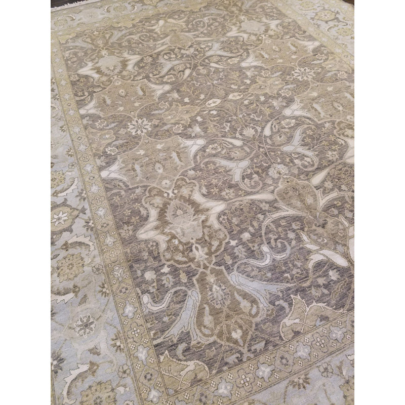 Tapis unique brun clair / bleu clair noué à la main de 14 pi 9 po x 25 pi