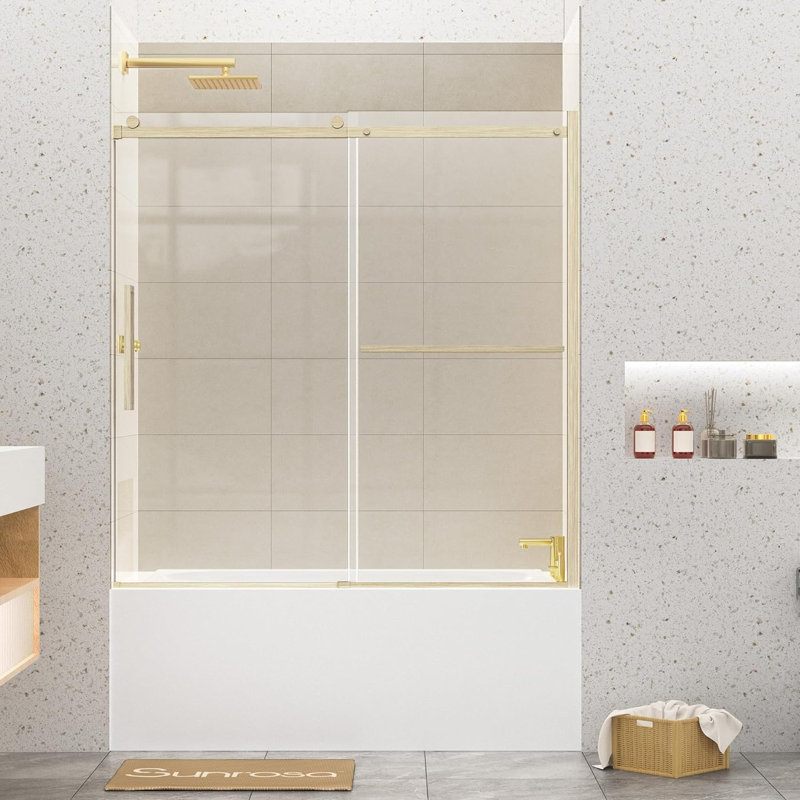 59"W x 60" H Single Sliding Frameless Tub Door with 5/16"(8mm) Clear Tempered Glass, Gold