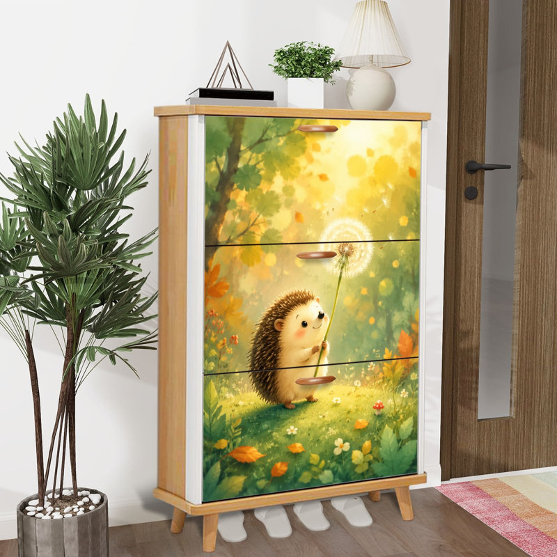 Armoire de rangement pour chaussures avec 3 tiroirs rabattables pour un adorable hérisson tenant un organisateur de rangement à chaussures avec pissenlit