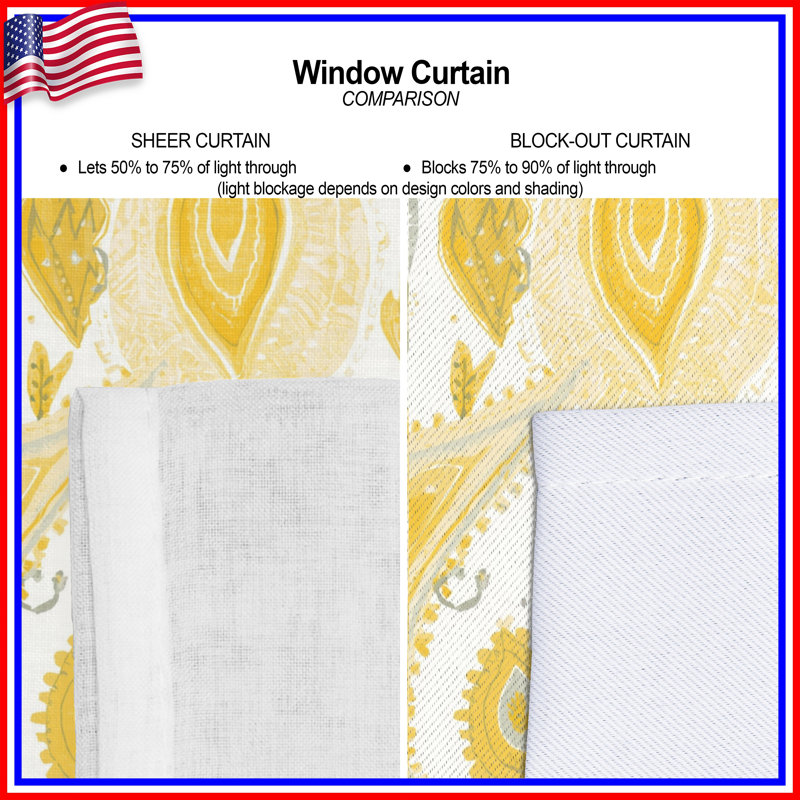Yellow Paisley Motif Window Curtains, Paisley Sheer & Blockout Curtains - 1 Panel, Sheer, 50" x 80" - 1 Panel
