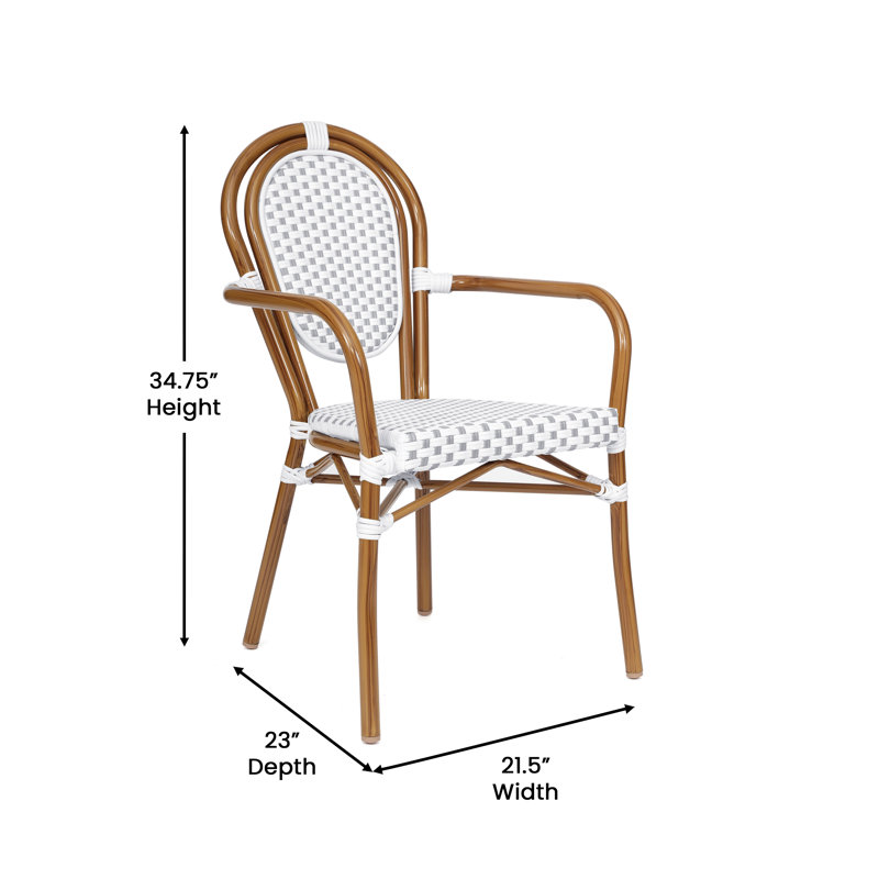 Comeaux Stacking All-Weather Commercial Paris Chairs with Arms and Metal Frames, White/Gray/Natural