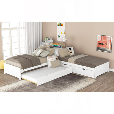 Lit plateforme en L avec lit gigogne et tiroirs reliés par un bureau intégré, simple, blanc