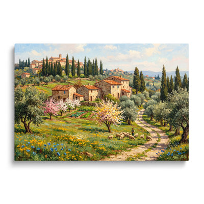 Reproduction sur toile d'un tableau représentant un village toscan perché sur une colline - 50 x 75 cm