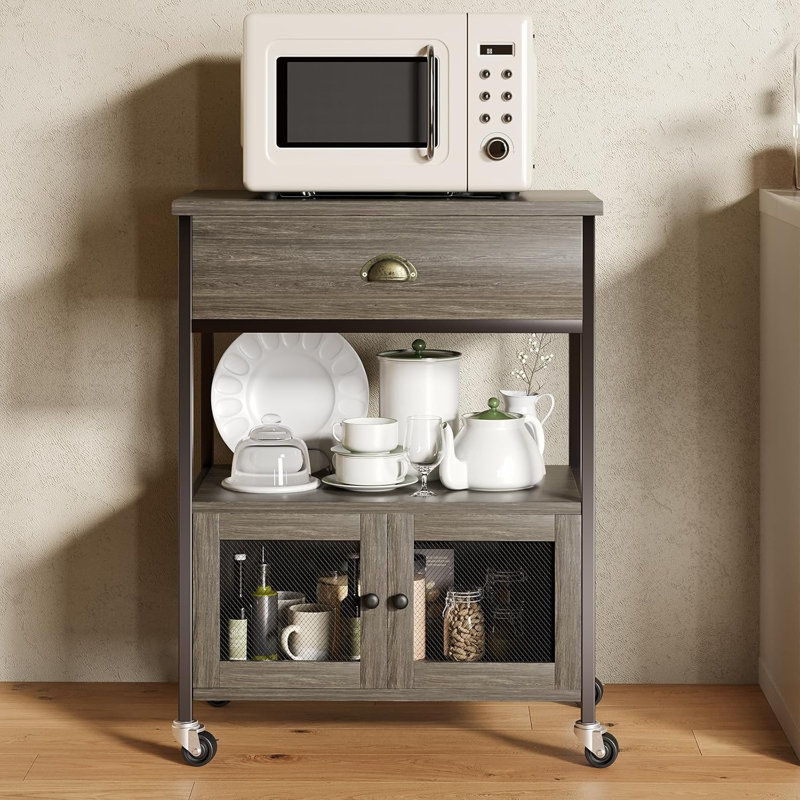 Coffee station, small microwave stand with drawer, movable farmhouse coffee station with table on wheels, Gray