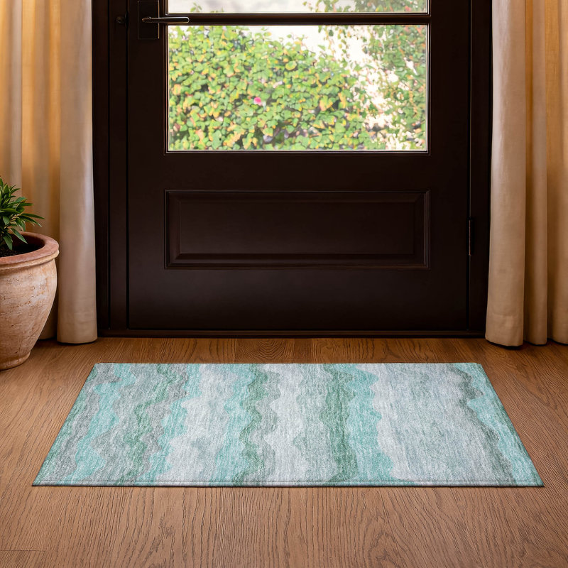 Premium Machine Washable Mayfield AMF2397 Striped Rug, 1'8" x 2'6", Teal