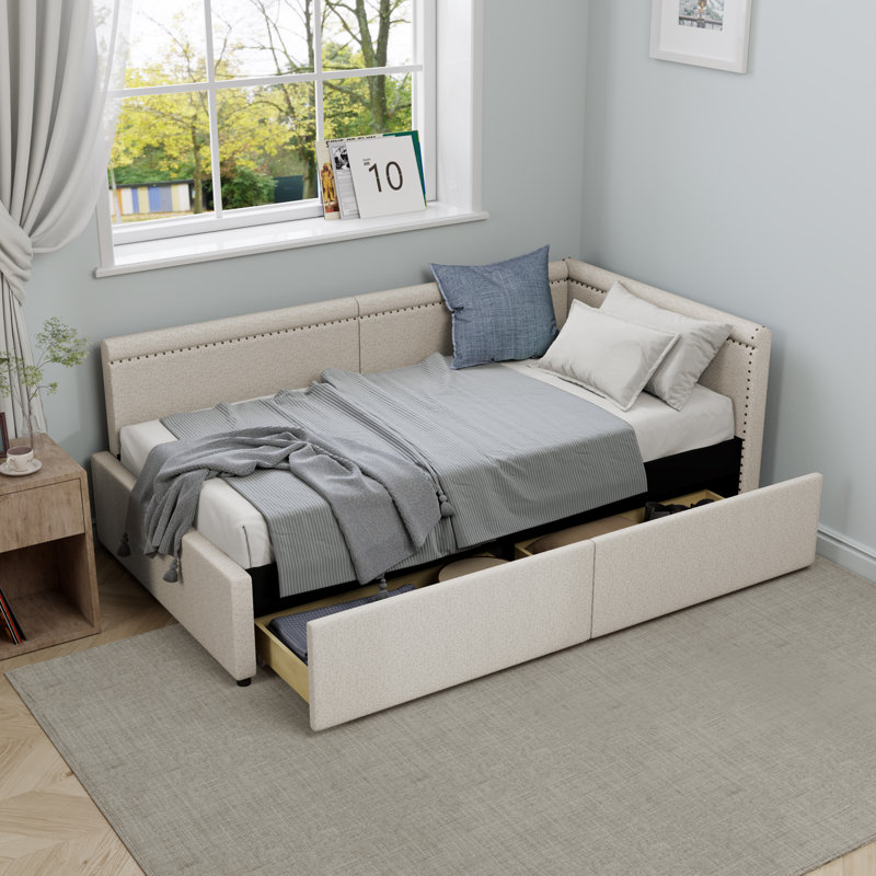 Modern Style Twin Size L Shape Corner Bed, Linen Upholstered Daybed With Two Storage Drawers, Beige