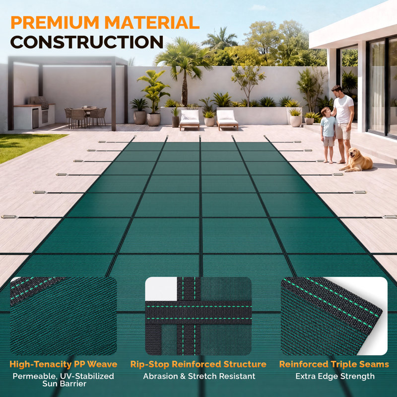 Couverture de sécurité rectangulaire Winado pour piscine creusée de 4,9 x 9,8 m (16 x 32 pi) avec marche centrale de 1,2 x 2,4 m (4 x 8 pi).