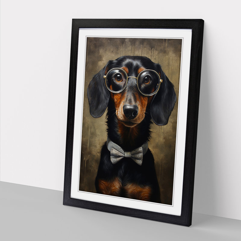 Dachshund With Glasses - Single Picture Frame Print on Wood, 34cm H x 25cm W, Black Framed