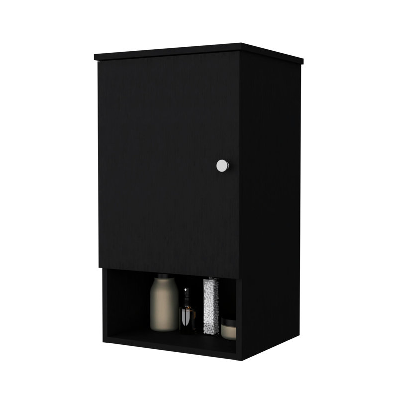 Armoire de salle de bain noire avec tablette interne et ouverte pour un rangement sécuritaire, Noir