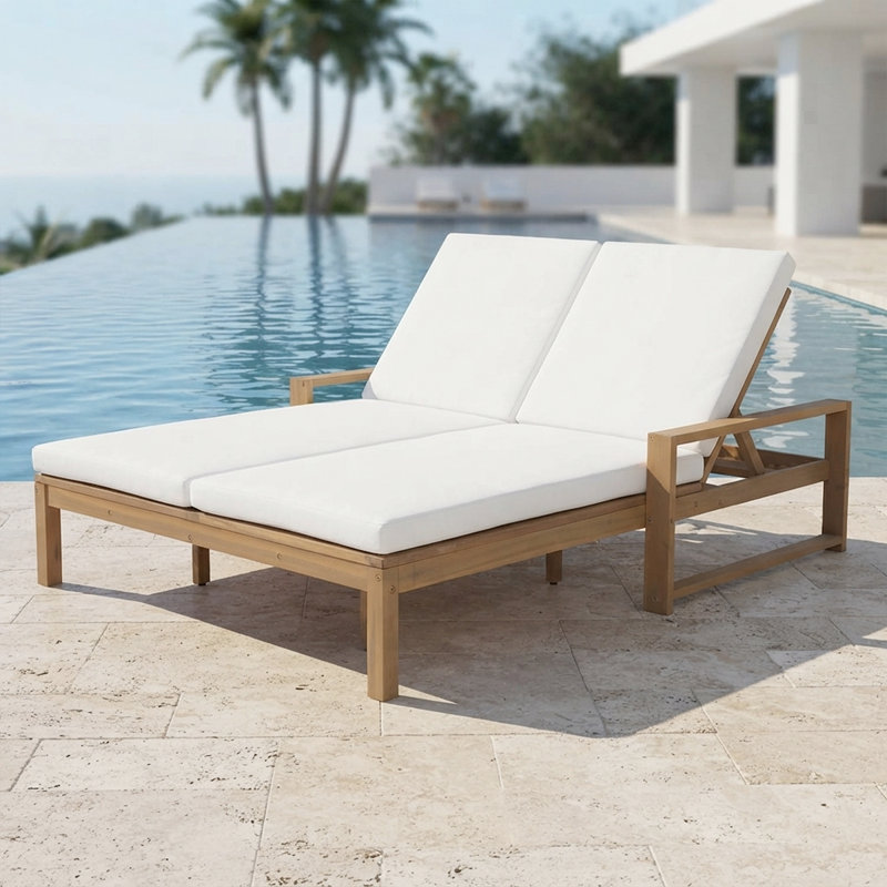 Méridienne double réglable pour l'extérieur avec coussins - Méridienne de patio en bois massif pour la piscine, le jardin ou le balcon