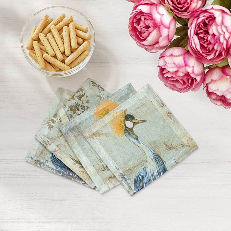 Crested Crane Cotton Sateen Cocktail Napkins, Wheat blue