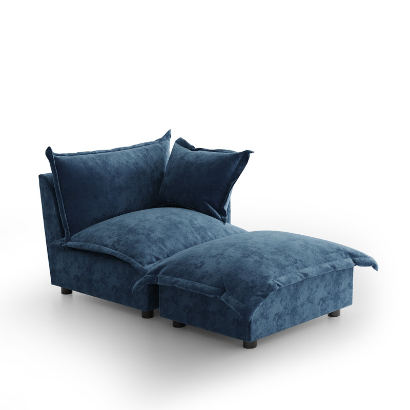 Plush Navy Upholstered Chenille Accent Chair with Oversized Cloud Cushions and Movable Ottoman, Navy