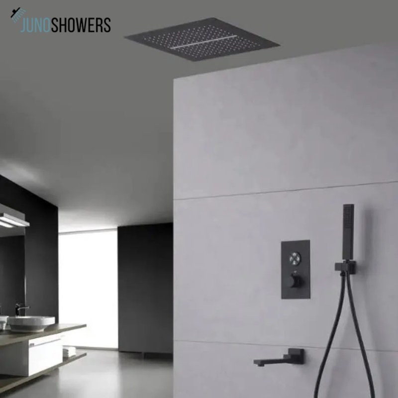 Système de douche à pluie à une poignée au plafond noir mat Juno Commercial