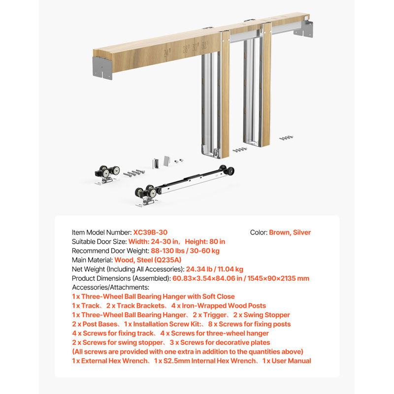 Ensemble de cadre pour porte coulissante à galandage, conçu pour les portes de 61 à 76 cm de large et 203 cm de hauteur, avec mécanisme de fermeture amortie bidirectionnel, coulissement fluide et silencieux, installation facile, en bois et acier galvanisé