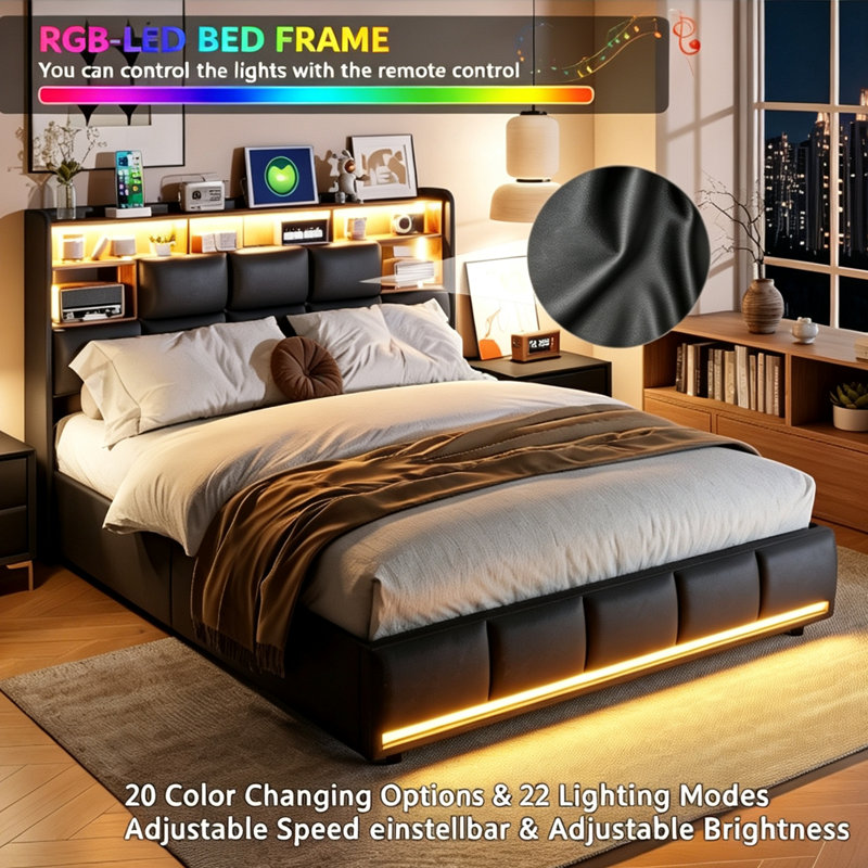 PU Upholstered Ottoman Storage Bed with Headboard and LED, Large Capacity Hydraulic Lift Up Storage Beds with Charging Station, Modern Platform Bed Frame for Bedroom(4Ft6/5Ft,Black)