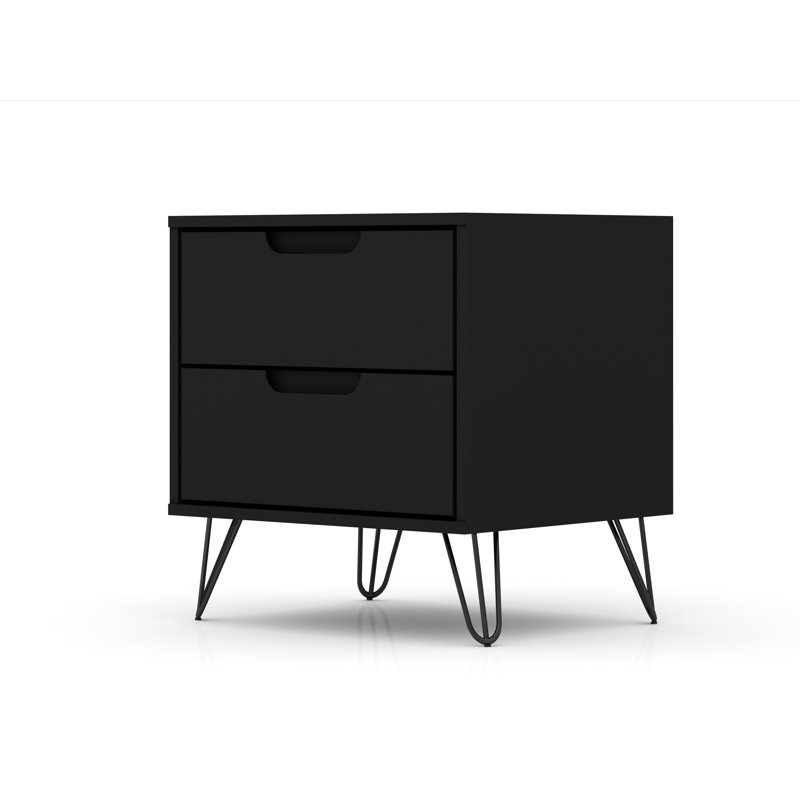 Table de chevet 2 tiroirs Mid-Century moderne noire Rockefeller, Noir / Noir