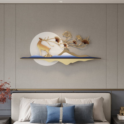 55" Modern Metal Wall Decor With Hollow-Out Ginkgo Leaves & Deer For Living Room