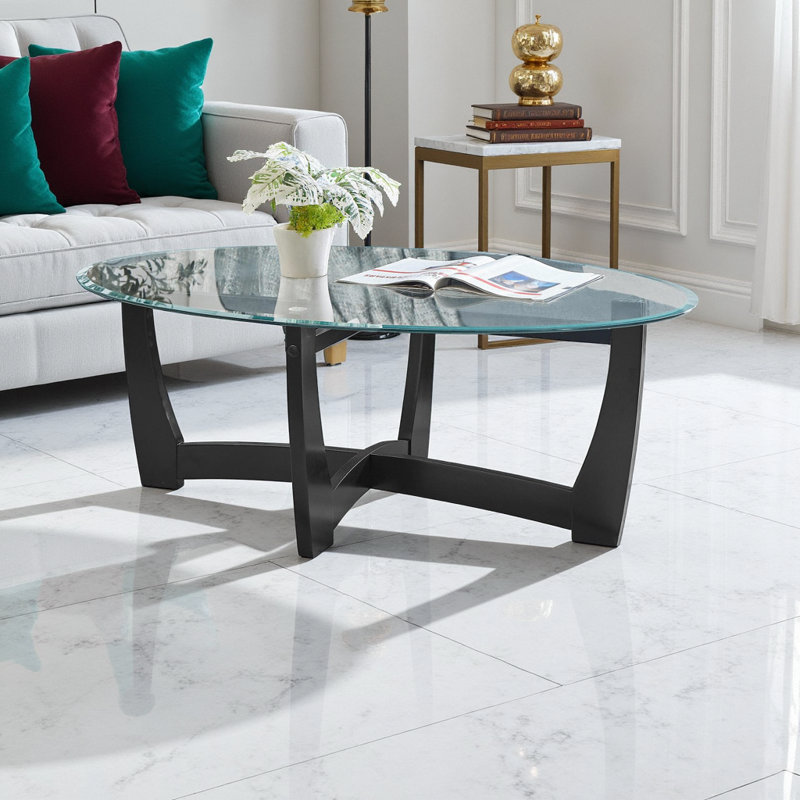 48 Inch Black Oval Glass Coffee Table with Solid Wood Frame - Elegant Center Table for Living Room, Office, Apartment, Black