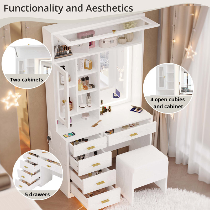 Modern Style 74.4"h Vanity Desk With Led Lighted Mirror And Power Outlet,makeup Vanity Table With Drawers And Open Cubies And Cabinets, White